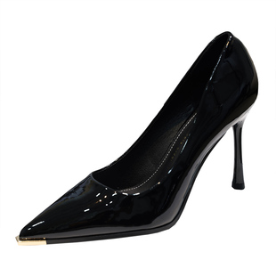 欧美漆皮尖头细跟女高跟鞋百搭黑色金属头时尚工作性感女鞋单鞋