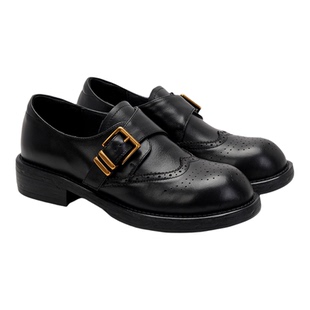 fed真皮粗跟厚底加绒乐福鞋女复古雕花小皮鞋一脚蹬圆头深口单鞋