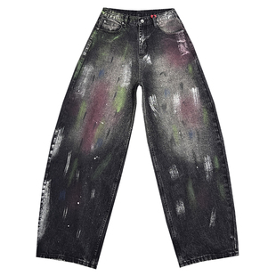 潮牌痞帅水洗做旧宽松黑色阔腿直筒裤子欧美街头涂鸦泼墨牛仔裤男