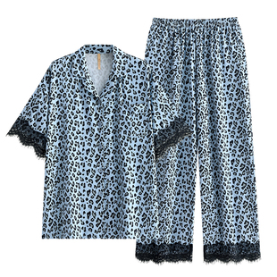 家乐芬睡衣女士夏季夏款短袖长裤莫代尔蕾丝轻奢豹纹家居服可外穿