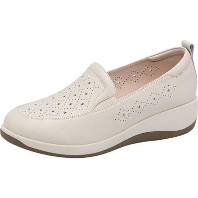 沙驰女鞋镂空透气女单鞋25年春秋新款清爽套脚通勤小皮鞋坡跟厚底