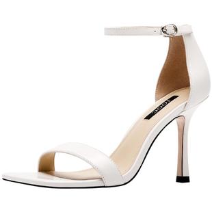 JOOC玖诗一字带凉鞋女方头性感百搭白色羊皮高跟鞋子明星同款