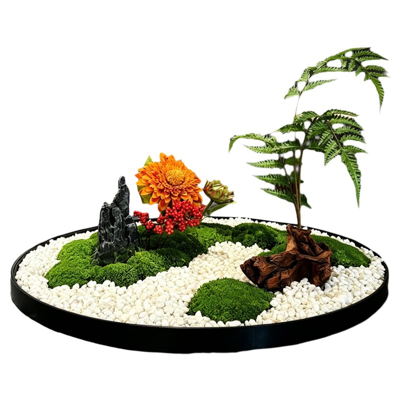 中式禅意餐桌花艺永生苔藓石子蕨类植物摆花酒店圆桌转盘装饰摆件