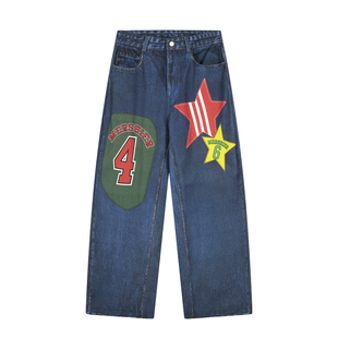辣到中暑ins博主同款美式辣妹高街涂鸦设计感牛仔裤宽松阔腿裤