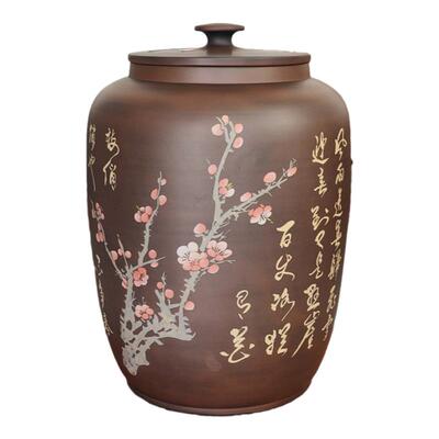 建水紫陶30饼茶缸传统阴刻阳填