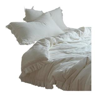 日式简约全棉双层纱四件套纯棉花边被套素色高级白色民宿床单床品