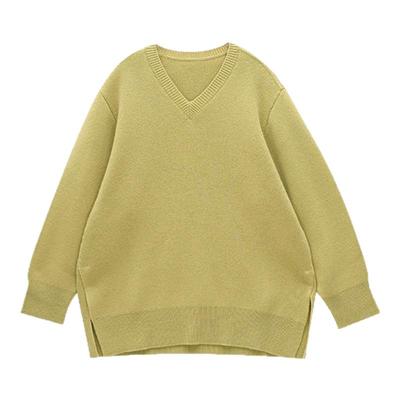 柔软舒适绵羊毛V领底边开衩毛衣