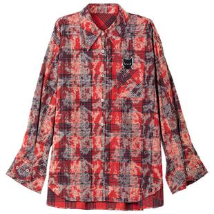 KEIKO 复古回潮红色格子印染长袖衬衫女春季韩系宽松纯棉休闲上衣