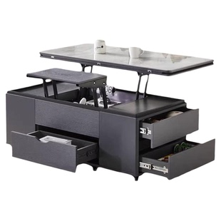 高级灰岩板升降茶几小户型多功能移动收纳储物四抽屉茶几餐桌两用