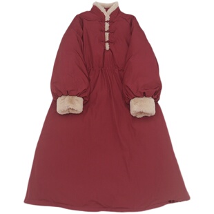 喵吉复古毛毛领国潮外套立领收腰白鸭绒中长款红色羽绒服女冬加厚