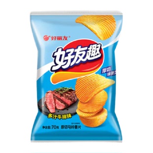 好丽友好友趣膨化零食儿童出游薯片休闲小吃多汁牛排味70g*1袋