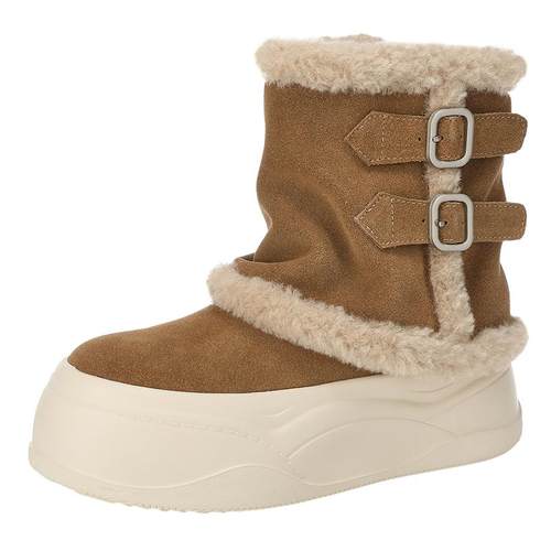 MILLIE'S/妙丽毛绒雪地靴女款冬季加绒保暖双扣带中筒靴厚底棉靴