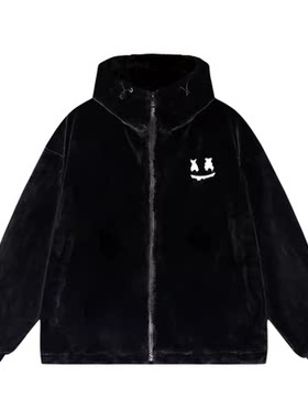 ER笑脸仿兔毛外套潮牌情侣宽松毛绒加厚连帽棉服