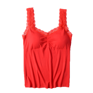 莫代尔蕾丝边带胸垫吊带背心女士修身内搭打底衫大红色本命年家居
