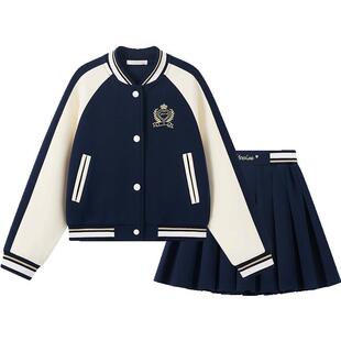 英氏女童棒球服套装2026秋装新款儿童学院英伦风外套百褶裙两件套
