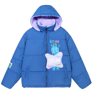 【防水尼龙】GUUKA蓝色超好看的羽绒服女冬季 拼色羊羔绒连帽外套