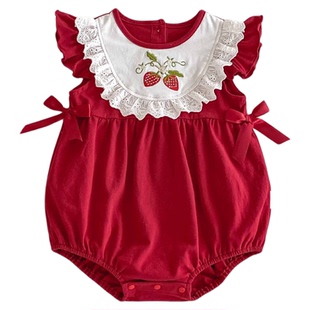婴儿衣服夏季薄款女宝宝周岁礼服连体夏装满月百天包屁衣喜庆红色