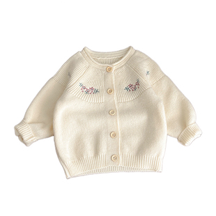 婴幼儿秋冬装百搭毛衣女宝宝0-3岁简约绣花长袖女孩针织开衫外套