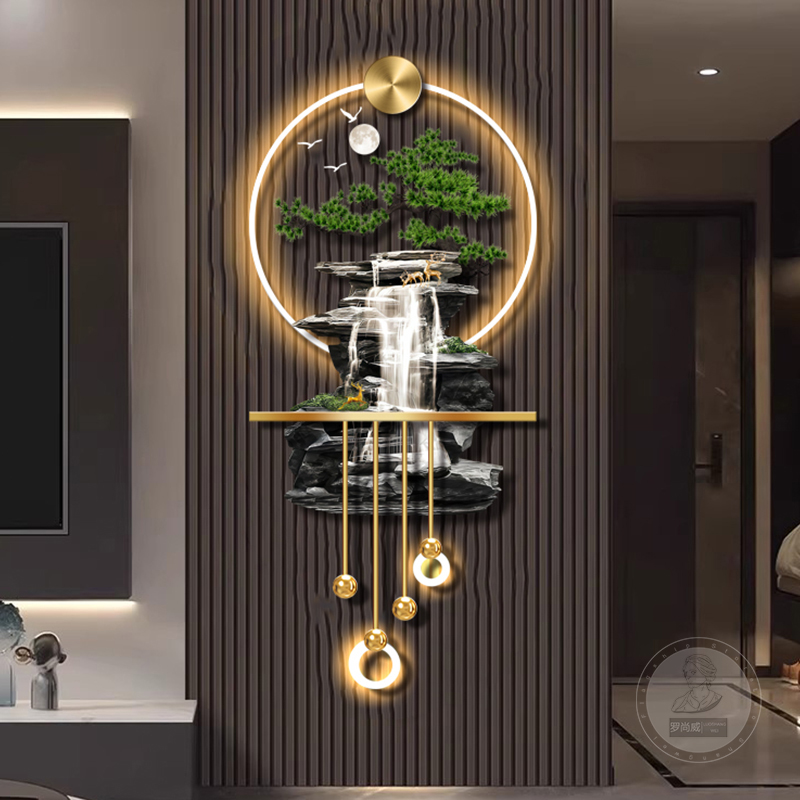 流水生财客厅玄关装饰画轻奢迎客松玄关挂画格栅装饰挂件发光灯画