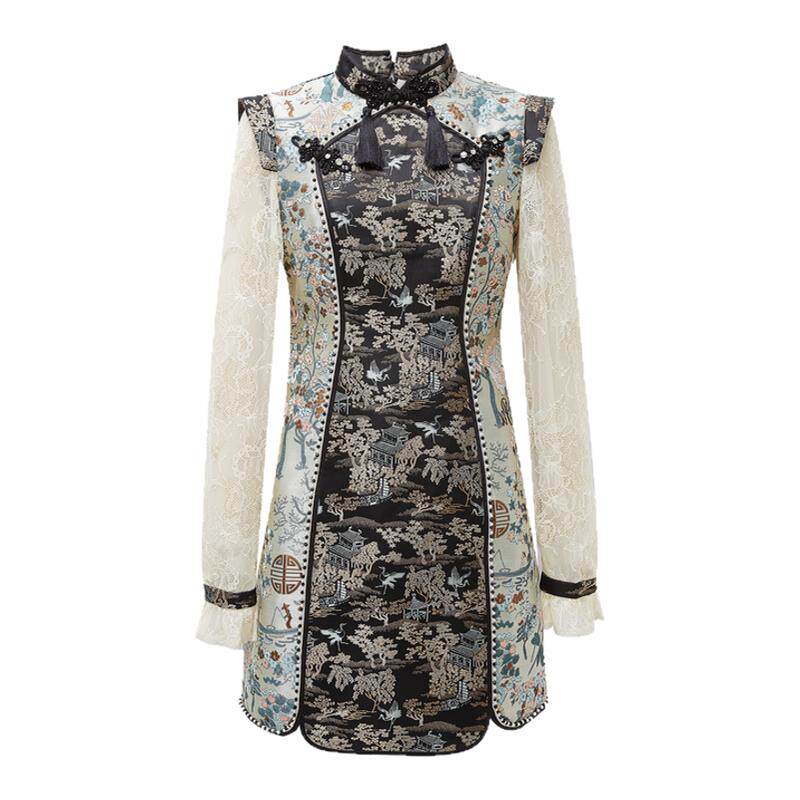 LULUALWAYS【商场同款】秋季新款新中式旗袍蕾丝拼接提花连衣裙
