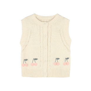 大耳象女童麻花樱桃毛衣马甲2026春季新款宝儿纯棉针织无袖上衣