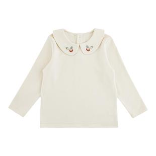 幼悠 女童草莓绣花娃娃翻领打底衫修身款2026春秋后筒开口休闲T恤