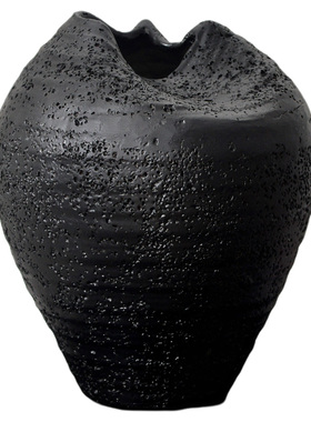 现代中古陶瓷花瓶磨砂黑色茶室插花装饰品样板房客厅桌面创意摆件