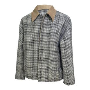 时着渐变格纹提花羊皮拼接夹克复杂编织二次元视觉手工定制外套男