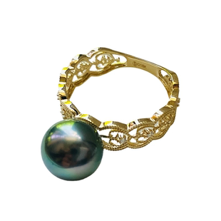 大溪地黑珍珠戒指天然海水珍珠18K金钻石宽版蕾丝正圆强光孔雀绿