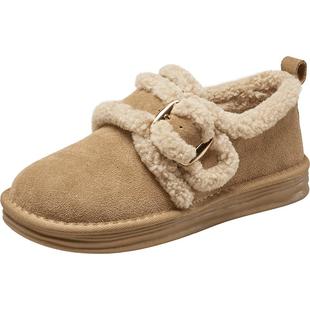 意尔康女鞋冬季女士毛毛鞋加绒保暖棉鞋休闲雪地靴平底复古勃肯鞋