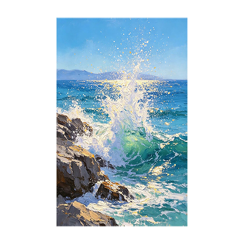 纯手绘油画海浪礁石挂画竖版玄关客厅风生水起海景装饰壁画