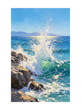 可班海浪礁石手绘油画装饰挂画