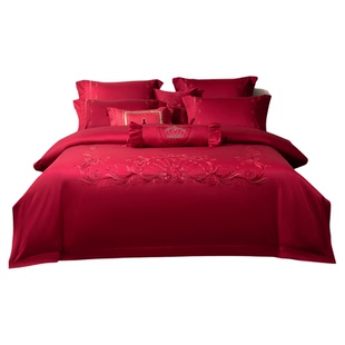 龙凤刺绣红色全棉长绒棉四件套轻奢高级感主卧室结婚被套豪华床品