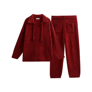 本命年暗红高级感针织半边绒睡衣女士秋冬加厚保暖宽松家居服套装
