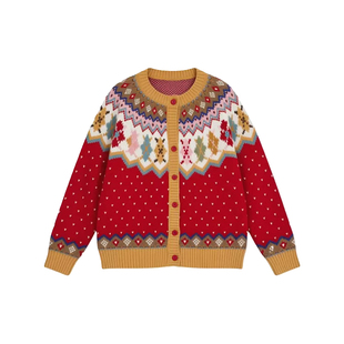 圣诞穿搭复古费尔岛红色毛衣开衫女+黄色百褶半身裙秋冬两件套装