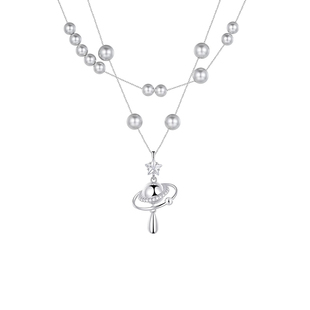 施家叠戴土星满天星灰色珍珠项链女轻奢高级感长款锁骨毛衣链配饰