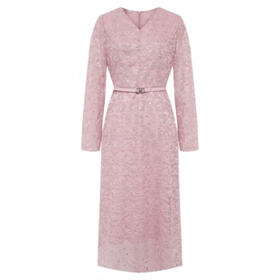 【浪漫腰果花】BBLLUUEE/粉蓝衣橱2025秋新款优雅V领蕾丝连衣裙女