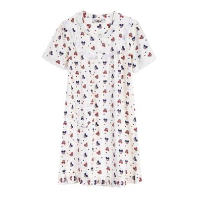 长款夏季梭织全棉蕾丝格子睡裙