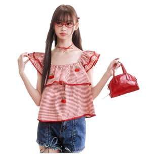 黄思瑞同款CLOUDSEASON方领荷叶边格子上衣女2026夏天新款爆款