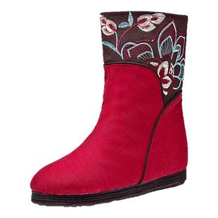 秋冬棉鞋民族风靴子绣花女鞋圆头短靴刺绣鞋子舞蹈老北京布鞋套脚