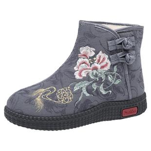 冬季老北京布鞋女棉鞋民族风短靴加绒保暖妈妈鞋中国风绣花女棉靴