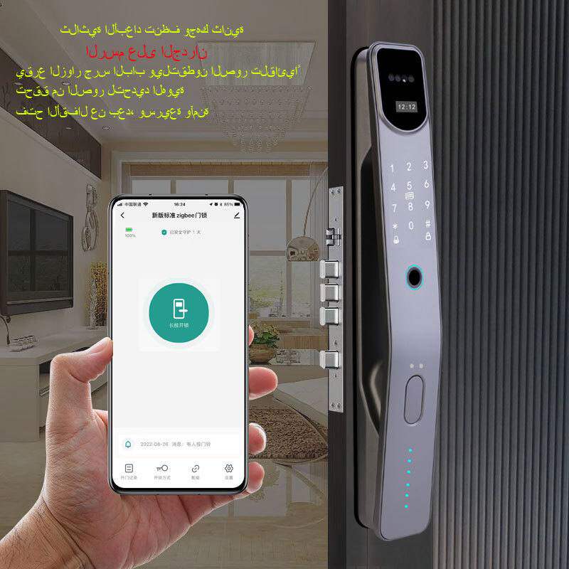 阿拉伯语跨境涂鸦智能锁3d人脸识别智能锁全自动指纹密码锁入户门