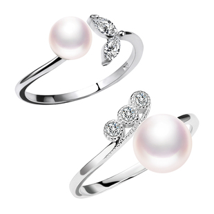 欧诗漫珠宝小珍珠戒指女时尚925银开头戒指 可调节大小 尾翼叶芯