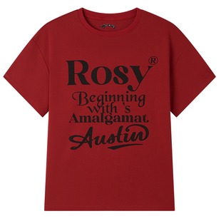 Halo Luu 字母印花红色短袖t恤女2025夏季新款美式宽松圆领上衣