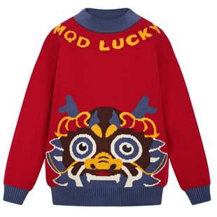 MQD童装儿童红色毛衣冬季国风宝宝针织衫男女童新