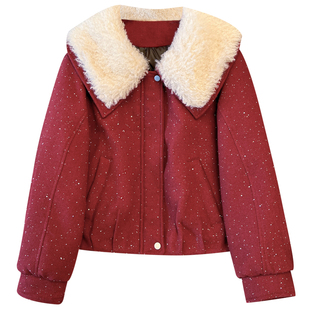 羊羔绒翻领红色亮片毛呢羽绒内胆外套加厚女2025冬季新款超火上衣