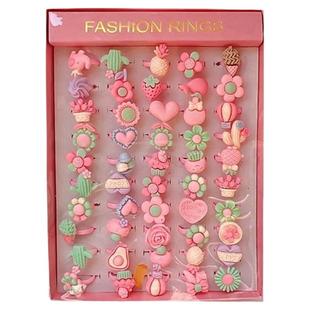 儿童卡通花朵戒指50个盒装开口磨砂塑料指环生日礼物幼儿园
