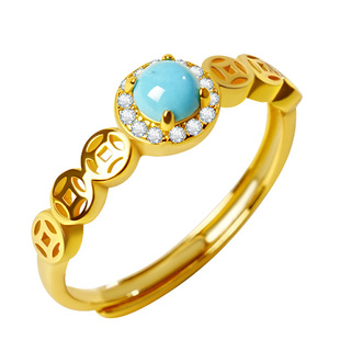 宫里上新绿松石戒指女士玄学旺财纯银铜钱指环天然原矿生日礼物