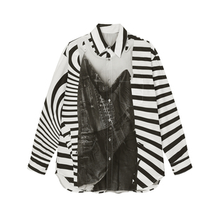 JNBY/江南布衣折扣春夏衬衫印花宽松长袖翻领拼接设计休闲外套女