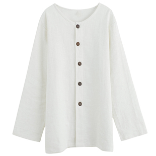 纯麻无领衬衫中式男装外套圆领开衫长袖上衣纯色民族服装休闲男装